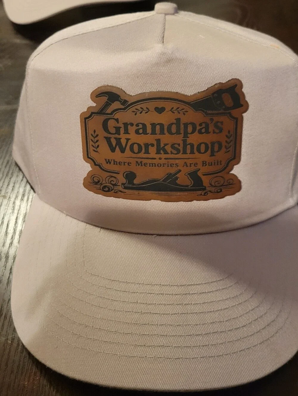 NEW Grandpa's Workshop Tan Hat W/ Custom Leather Patch Adjustable 6 Panel